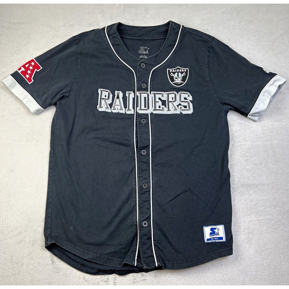 Starter Oakland Raiders NFL Football Button-Up Jersey Mens M Black White